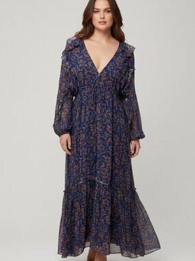 Figue Blue Floral Boho Maxi Dress Size M Long Sleeve Ruffle Tassel Resortwear